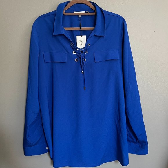 Calvin Klein Long Sleeve Blue Tie-Neck Blouse Top - Picture 1 of 5